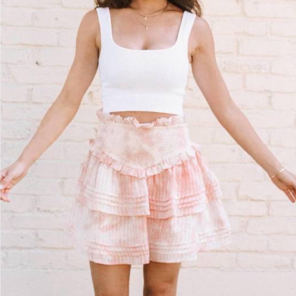 Cleobella pink and white mini ruffle skirt
